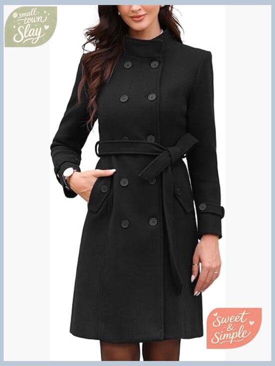 Jackets & Blazers - Stand Collar Double Breasted Pea Coat Long Winter Coat with Belt